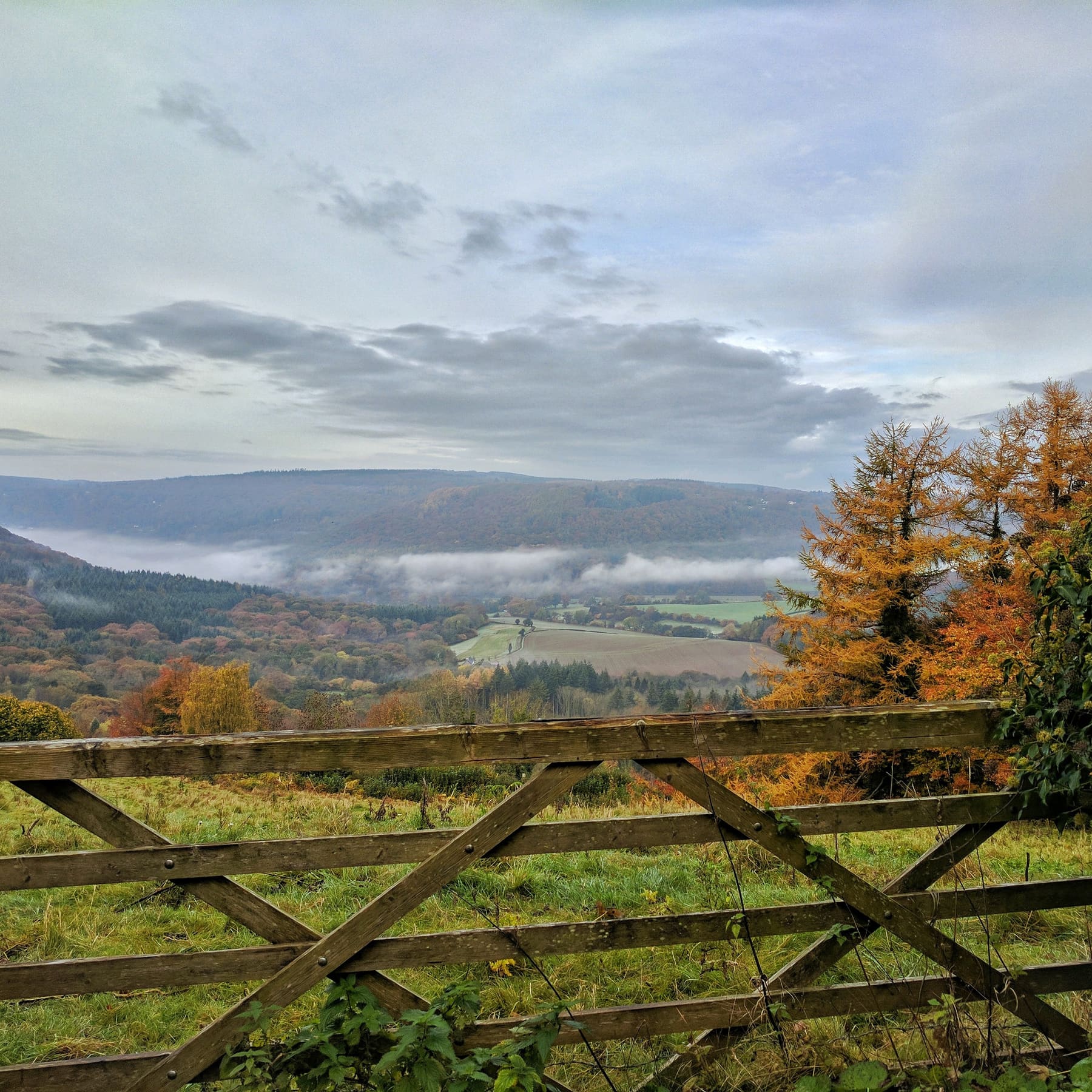 The same view at dusk: the valley's woods in full autumn orange and brown, thin mist over the fields far below, and a band of pale gold evening sky opening between the clouds.