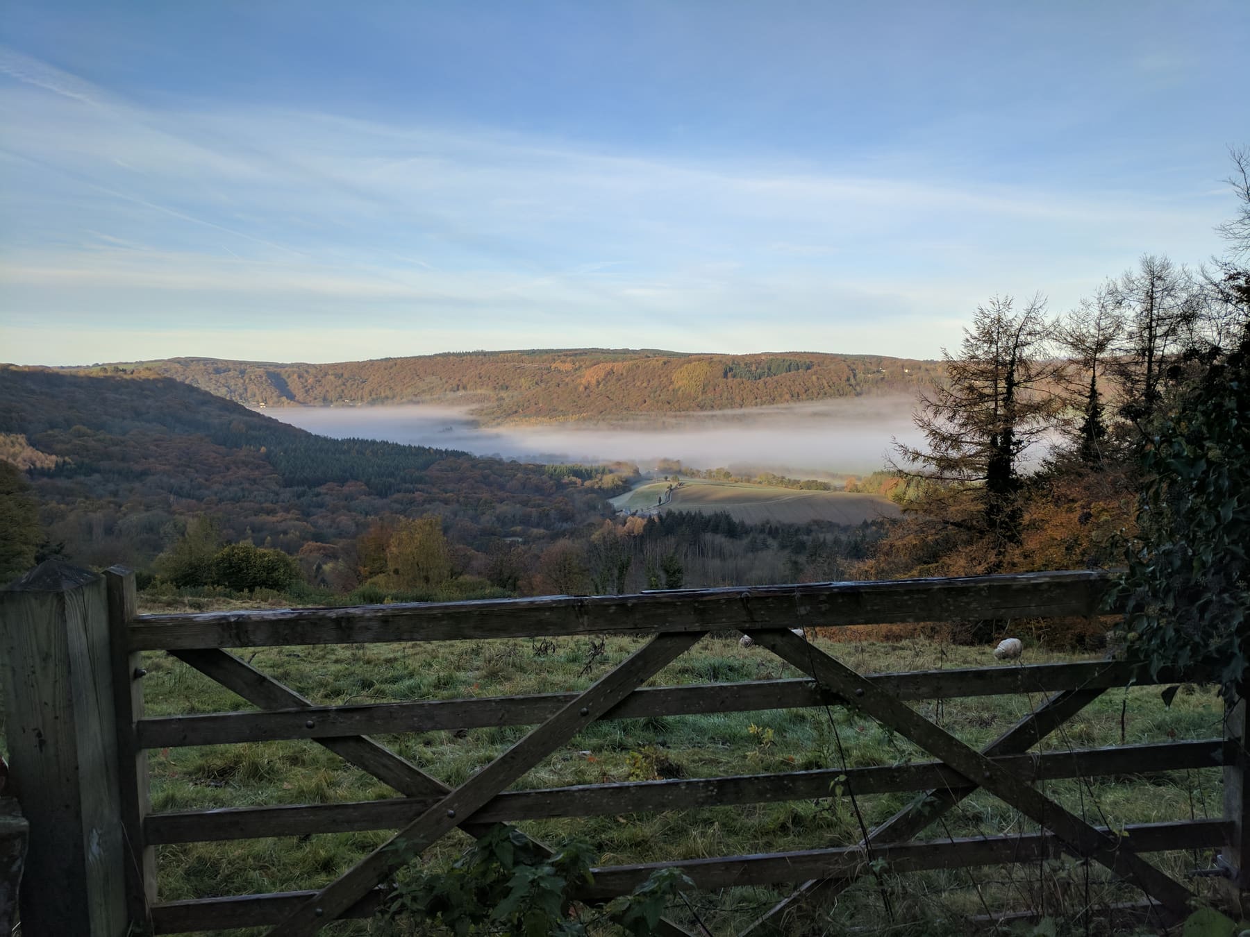 A wooden five bar field gate on Cinderhill above St Briavels on a clear autumn morning, a lake of white mist filling the Wye Valley floor below, the wooded far hillsides in autumn colour under a blue sky.