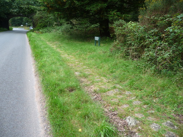 The Dean Road at Blackpool Bridge: a strip of old grey cobbles surfacing through mown grass beside the modern lane, running towards a small green marker sign, with the arch of a disused railway bridge over the road in the background and bracken banks on the right.