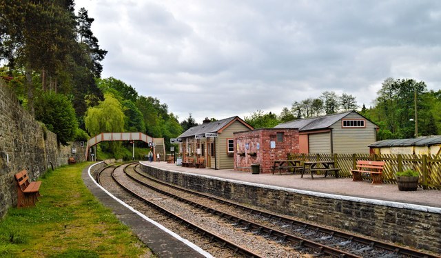 Parkend station on the Dean Forest Railway: a single track curving away between a stone-edged platform and a tree-covered bank, with a green wooden station building, a small red brick hut, benches and picnic tables on the platform, a footbridge in the distance and wooded hills behind.