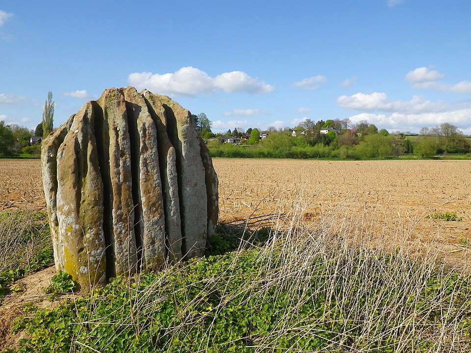 The Queen Stone standing alone in a ploughed field at Huntsham under a blue spring sky: a rounded sandstone monolith fluted from top to bottom with deep vertical grooves, like a stone gathered in folds, with the wooded far bank of the Wye and a scatter of houses behind it.