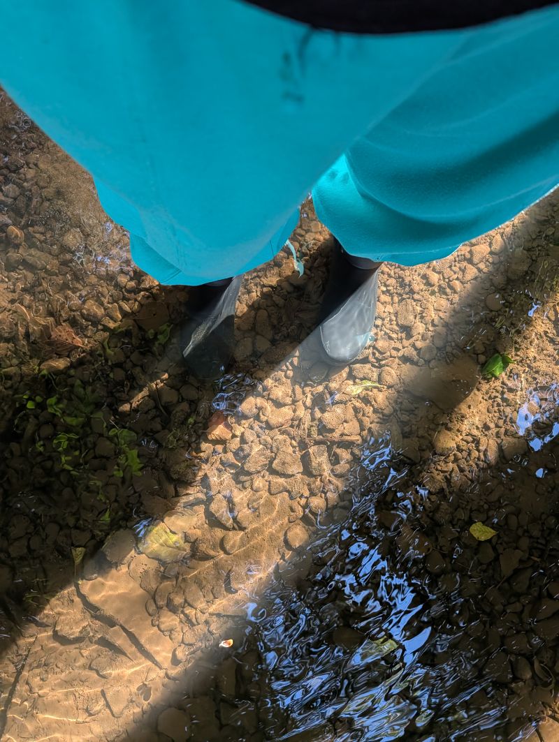 Wellington boots standing in a shallow, stony brook